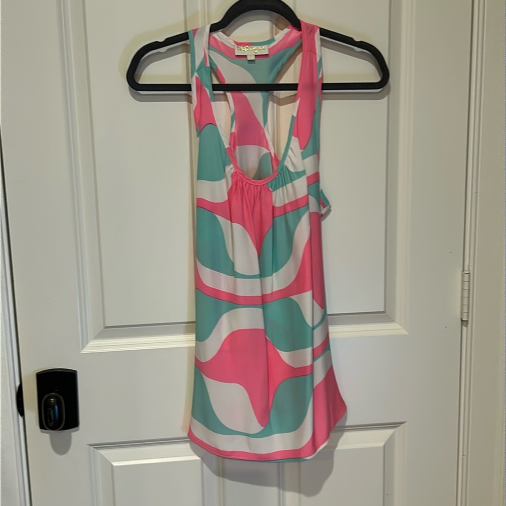 Britt Ryan 100% silk tank top with racerback detail. Longer length